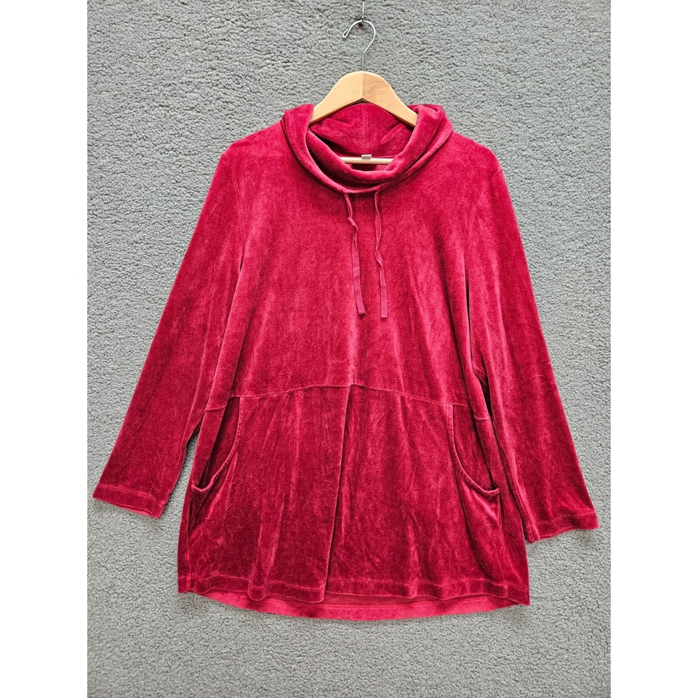 Pure Jill Velour Tunic Top XL Red Cowl Neck Pocket Pima Cotton Loungewear